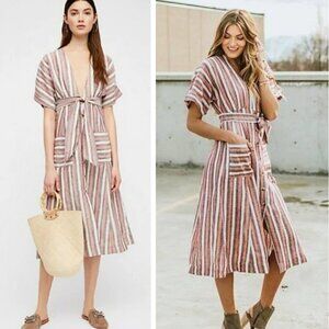 Free People Striped Tie-Waist Midi Dress in Blush, White and Taupe